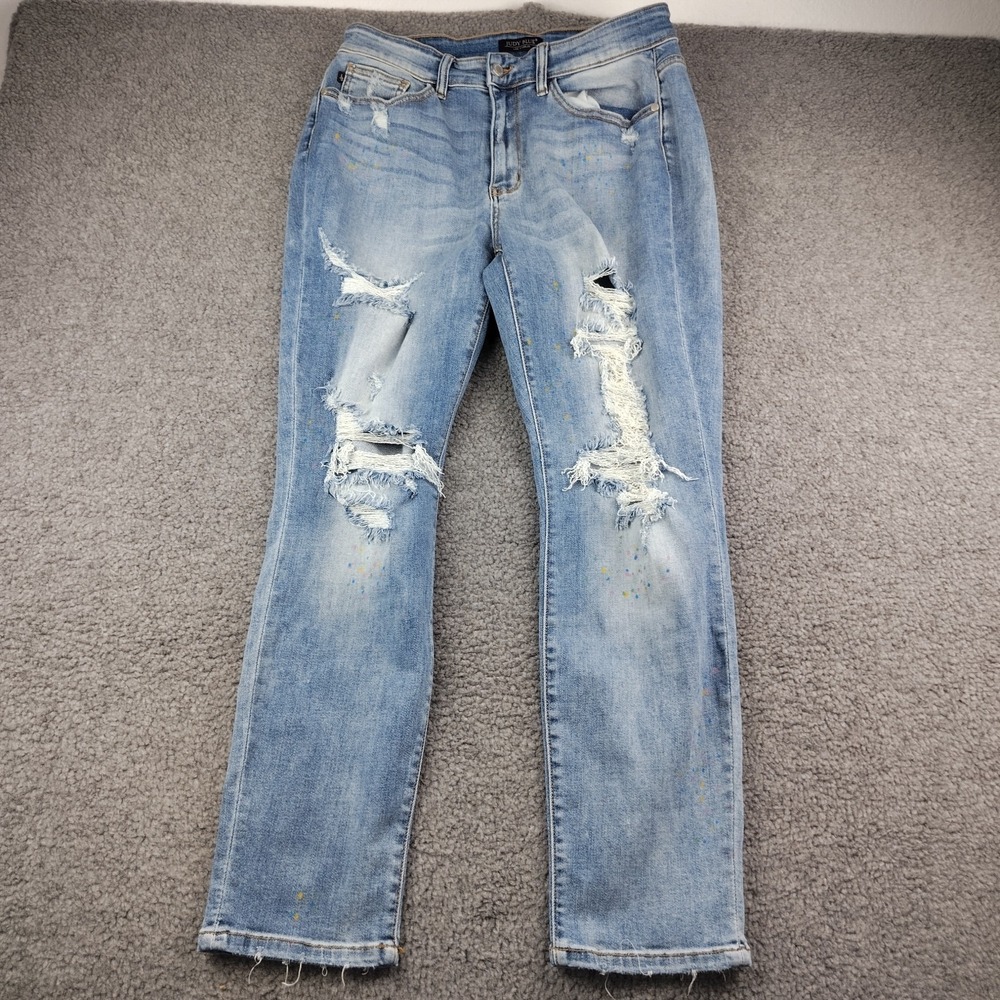 Judy Blue Cotton Jeans Sz 14W Boyfriend Blue Distressed Paint Splatter EUC
